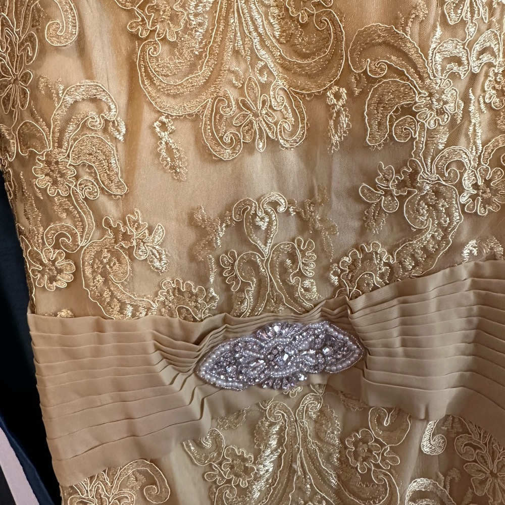 Gold Lace Embroidered Dress with Sequins and Waist Rhinestone Detail - Picture 5 of 6